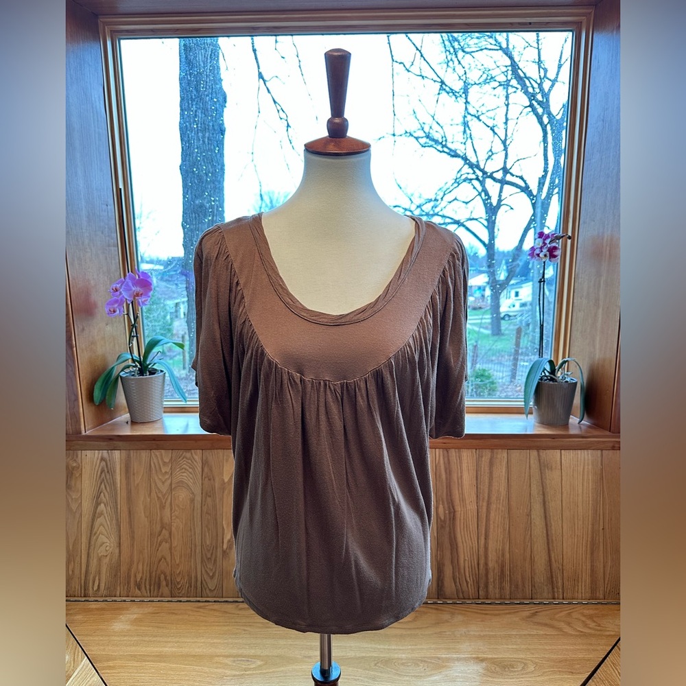 BCBGirls Scoop Neck Gathered Short Sleeve Top Brown